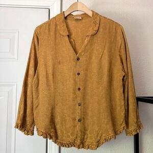 CP SHADES mustard gold satin embroidery floral ruffle boxy shirt blouse top